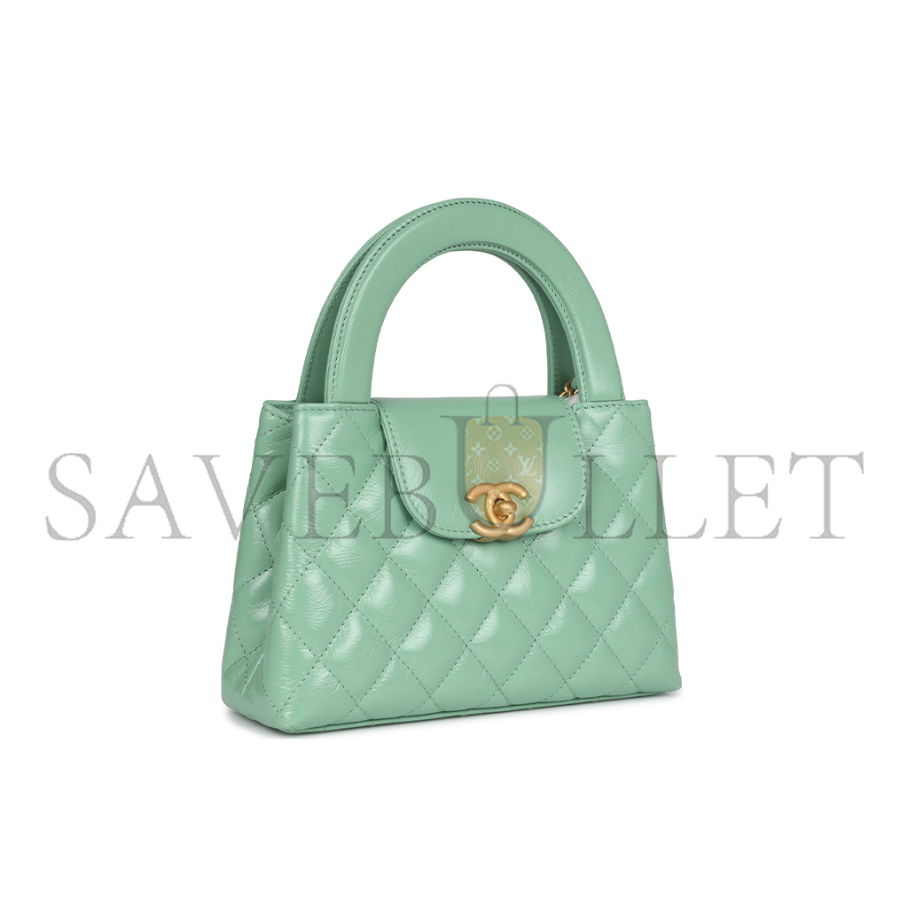 CHANEL MASTER KELLY SHOPPER LIGHT GREEN SHINY AGED CALFSKIN BRUSH GOLD HARDWARE (19*13*7cm)